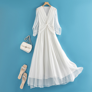 白色真丝连衣裙女收腰，洋气时尚高端桑蚕丝仙女，长裙超仙夏季潮