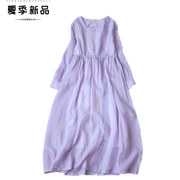 夏季高支苎麻连衣裙文艺方领九分袖收腰大摆型浅紫色仙女长裙