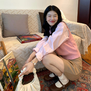 韩系学院风甜美粉色圆领毛衣，马甲女2023小个子叠穿针织背心