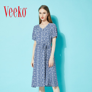 veeko2022夏装女潮时尚，百搭简约田园，风短袖连衣裙vyswd37092
