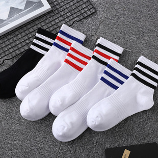 5双袜子男女中筒纯棉袜三杠条纹简约韩版潮流黑白运动滑板情侣袜