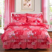 纯棉加厚床裙四件套欧式婚庆大红床罩款全棉双人床单被套床上用品