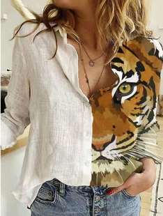 欧美秋季POLO领白色单排扣老虎头tiger印花长袖衬衫上衣shirt