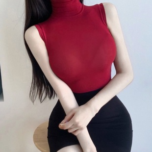 2024韩国东大门女装性感女人味酒红色高领性感微透背心女上衣