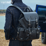 hanmiis胡椒盐(胡椒盐)头层牛皮大容量双肩，包旅行袋包全真皮男士背包户外