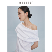 mordorf衬衫女法式设计感别致短袖，气质白色露肩上衣