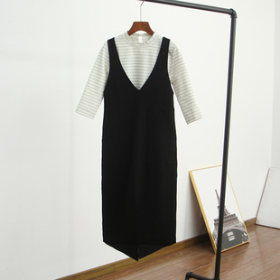 秋季韩版时尚套装女长袖条纹T恤上衣+中长款背心连衣裙两件套
