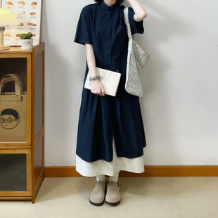 自制日系工装风藏青色衬衫裙，女夏小个子学生，短袖松弛感穿搭连衣裙