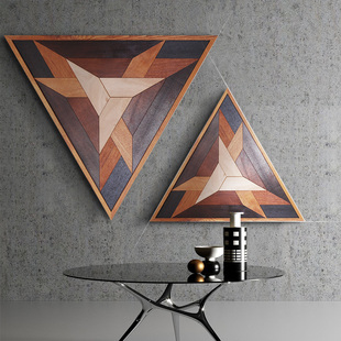 木拼画美式轻奢现代客厅沙发背景墙装饰三角形，样板间艺术实木壁挂