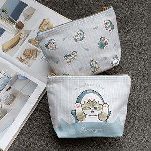 日单卡通mofusand鲨鱼猫系列纯棉帆布双面图案化妆包收纳包包中包