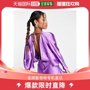 香港直邮潮奢asos女士，设计高光缎面露背膨起袖迷你紫色连衣裙