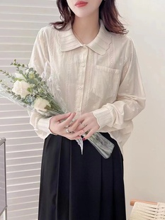 韩版时尚翻领重工刺绣镂空长袖，衬衫女2024春季宽松设计感衬衣