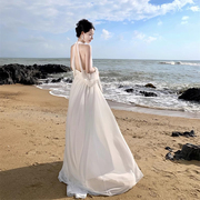 海边度假沙滩裙超仙性感白色挂脖旅拍裙新娘晨袍轻婚纱拖地连衣裙