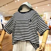 黑白色条纹长款短袖T恤女2024夏季欧货大版宽松纯棉圆领上衣