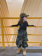 2024秋季韩版女童系带短款时髦长袖T恤迷彩束脚工装裤长裤两件套