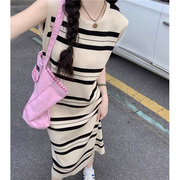 微胖女生遮肚子显瘦连衣裙2024夏季韩版圆领无袖条纹长款直筒裙女
