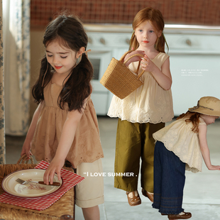 女童韩系可爱镂空花边背心娃娃，衫允儿妈宝宝，夏季洋气韩版纯棉上衣