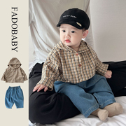 儿童格子衬衫春季0-5岁韩国童装婴幼儿，连帽衬衣+牛仔裤两件套潮