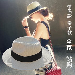 夏季可折叠黑白平宽檐男女亲子，草帽巴拿马礼帽，遮阳帽子情侣沙滩帽