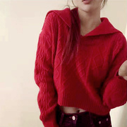 秋冬加厚保暖短款粗线翻领针织套头衫红色长袖麻花毛衣外套上衣女