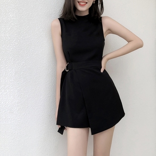 黑色连体短裤女雪纺2024夏季高腰显瘦小个子时尚，工装连衣裤潮
