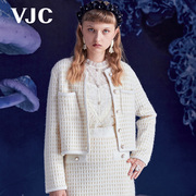 VJC/威杰思秋季女装圆领羊毛针织外套小香格纹短款开衫