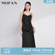mofan摩凡时尚性感吊带雪纺长裙，2024夏纯色(夏纯色，)腰部捏褶设计感连衣裙
