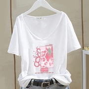 纯棉短袖t恤女2024夏季韩版宽松大码v领减龄纯色印花质感上衣