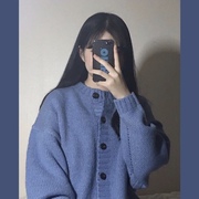 人见人爱宝蓝色 特别又显白~复古毛衣外套 韩国学院针织开衫秋季