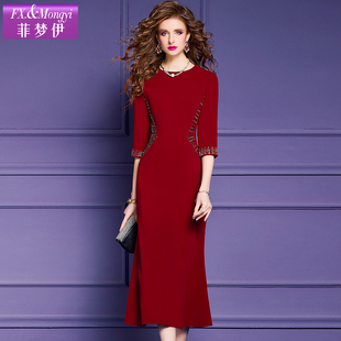 菲梦伊钉珠红色连衣裙女秋冬本命年时尚设计感修身长裙子礼服