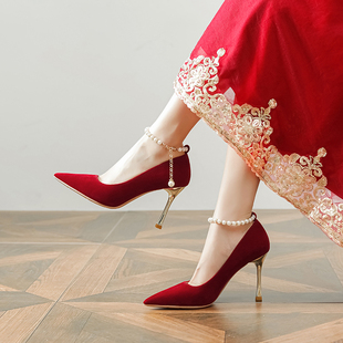 红色婚鞋女一字带珍珠链，新娘鞋秀禾服中式高跟鞋不累脚孕妇33