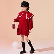 女童连衣裙秋冬季2023洋气儿童，大红色毛衣裙(毛衣裙，)海军风时髦公主裙