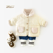 韩版婴儿冬季棉衣男女童面包服宝宝拼毛翻领加绒加厚保暖棉袄外套