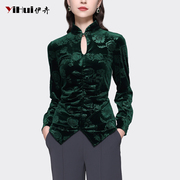 丝绒印花国风盘扣衬衫女设计感气质修身弹力，墨绿色打底衫上衣秋装