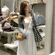 韩国2024春夏小个子白色吊带连衣裙女小披肩度假沙滩长裙套装