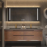 新中式浴室柜陶瓷一体盆卫生间，红橡木岩板洗手台智能双盆吊柜组合