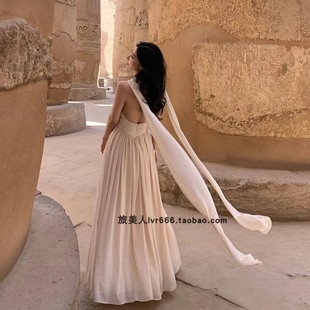 埃及迪拜沙漠旅游度假长裙，女雪纺杏色，海边沙滩裙子无袖露背连衣裙