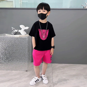 童装男童套装夏装2023儿童夏季韩版粉色豹子图案，酷帅气时髦潮