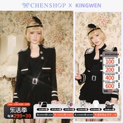 KINGWEN海军领短外套假两件不对称百褶裙套装CHENSHOP设计师品牌