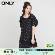 only奥莱夏季泡泡袖，花边绑带短款连衣裙女