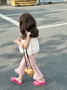 女童韩版洋气套装2023夏女宝宝立体小花朵，吊带衫喇叭裤两件套甜美