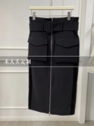 2023年设计师黑色拉链半身长裙腰带装饰气质名媛包裙显身材