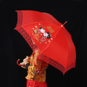 婚喜庆结婚用红雨伞大红色蕾丝边女方出嫁长柄红伞婚伞创意新娘伞