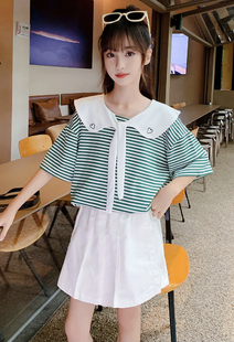 120-170女童条纹娃娃领短袖，t恤上衣短裤，两件套装夏季韩版洋气