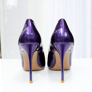 镭射电光紫色漆皮尖头超高跟鞋浅口单鞋细跟恨天高法式(高法式)大码小鞋