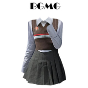 韩系学院风套装女春秋季短款修身马甲针织背心叠穿衬衫两件套