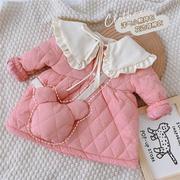 ins23冬季韩版婴幼儿洋气花边，领棉服女宝宝棉衣外套送熊包包