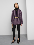 绒绒家紫色条纹大码女装2023慵懒宽松保暖夹棉羊毛衬衫式外套