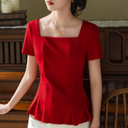 法式裙摆上衣遮肚子夏季2024方领短袖，女收腰洋气掐腰红色小衫