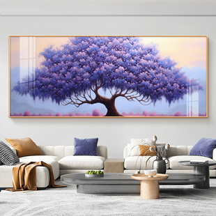 现代简约客厅装饰画紫气东来发财树，沙发背景墙新中式招财横版挂画